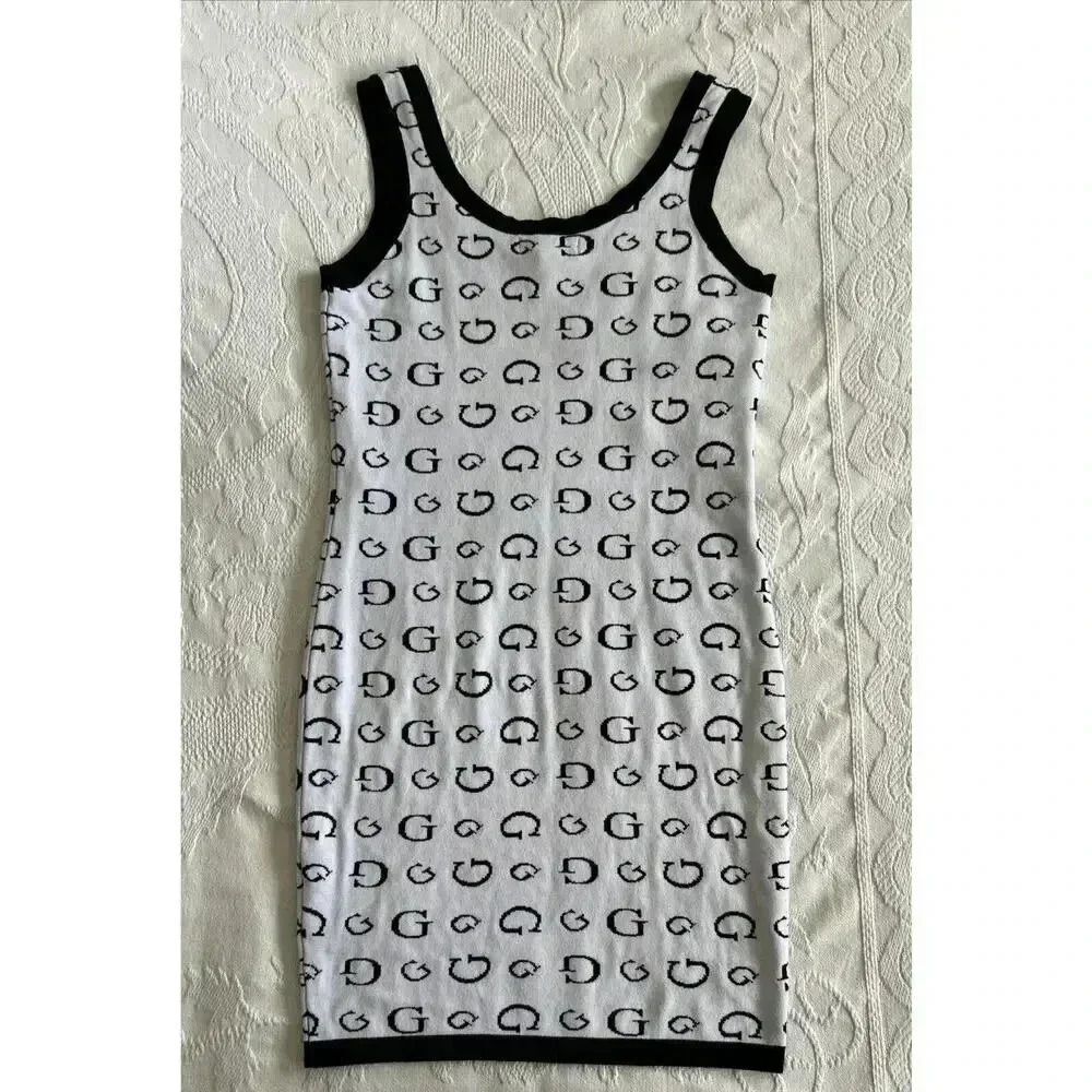 GUESS Monogram G Logo Mini Dress Black White Knit Bodycon Sheath Women’s Size M - Picture 4 of 12